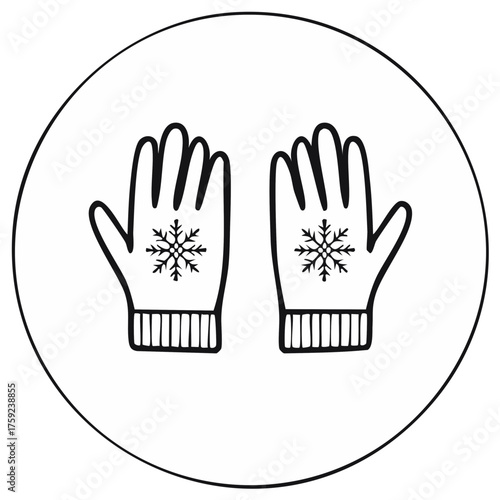 Black and white vector illustration of mittens with snowflake pattern in a circle.