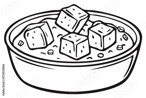 Bowl of stew featuring cubed meat, cartoon style illustration