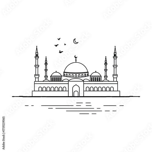 Minimalist Mosque Illustration with Crescent Moon and Flying Birds