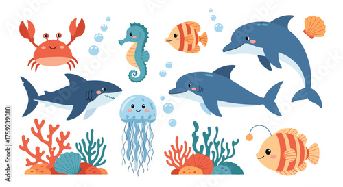 A vibrant underwater scene showcasing various marine creatures and coral formations.