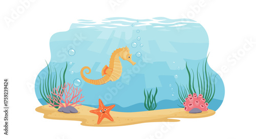 A vibrant underwater scene with a seahorse coral and starfish.