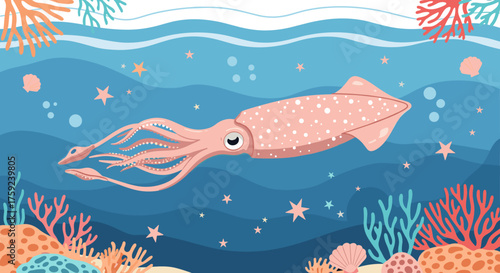 A large pink squid swims gracefully through the deep blue ocean water surrounded by colorful coral and starfish.