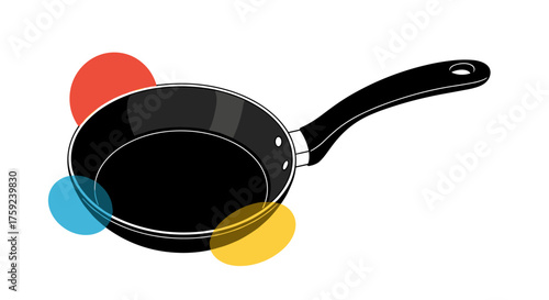 A simple illustration of a black frying pan with a black handle surrounded by abstract colorful circles.
