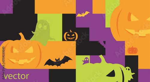 Spooky Halloween scene with grinning jack o lanterns, playful ghosts, and flying bats on a vibrant, geometric background perfect for festive decor and celebrations.