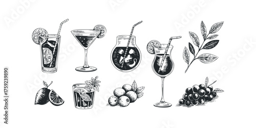 Collection of Vintage Style Summer Drinks and Fruits