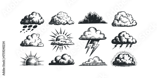 Collection of hand-drawn weather icons with clouds and sun