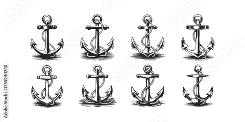 Collection of eight vintage anchor designs with ropes