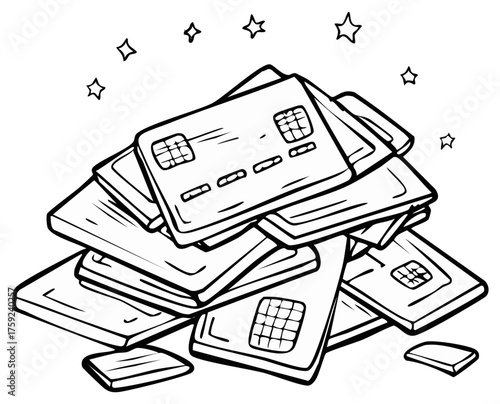 Pile of Credit Cards with Sparkling Stars Illustration