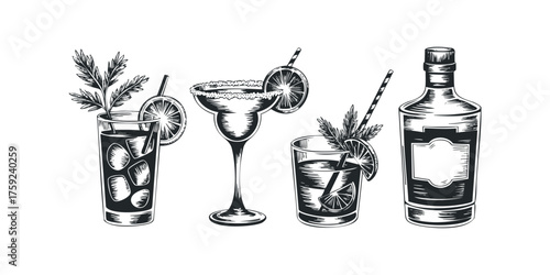 Drawn drinks and bottle set for refreshment and celebration