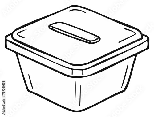 Outline drawing of a square food container with lid and handle for kitchen storage