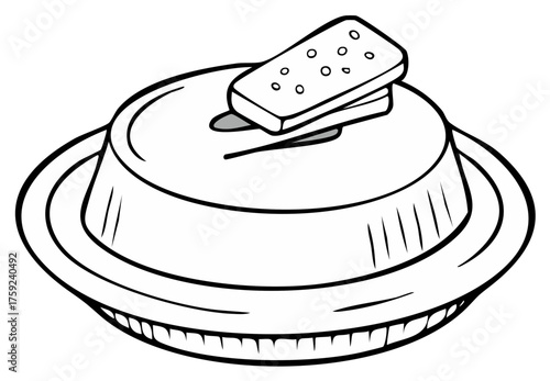 Hand drawn butter dish with butter pat on top graphic illustration black and white outline