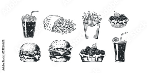 Collection of hand drawn fast food and dessert items