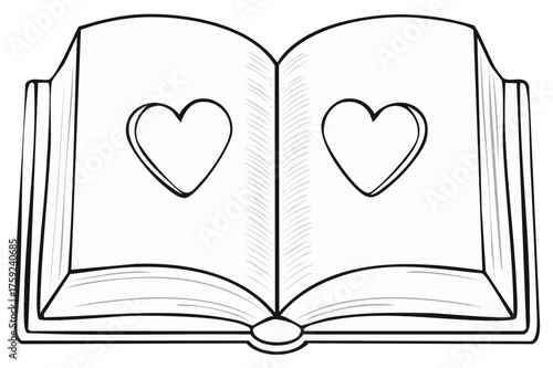 Open book with heart shapes on pages, outline drawing, love story concept