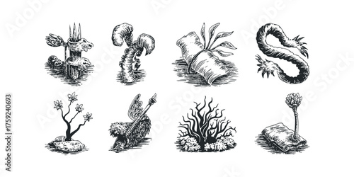 Eight Hand Drawn Sketch Elements of Whimsical Objects and Creatures