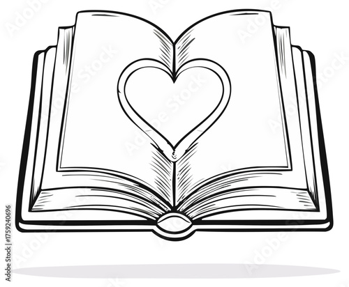 Open book illustration with heart shape in center pages, symbol of love and learning, black and white line art