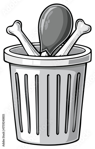 Grayscale cartoon illustration of food scraps in a waste bin, featuring a chicken drumstick and bones