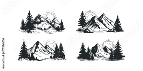 Sketchy Mountain Peaks with Pine Trees and Sunburst