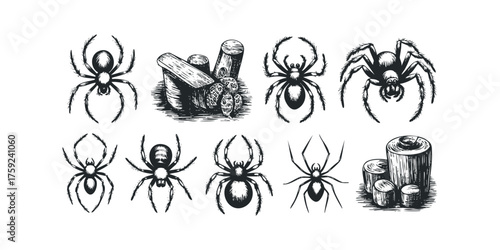Collection of detailed spider drawings and wooden log fragments