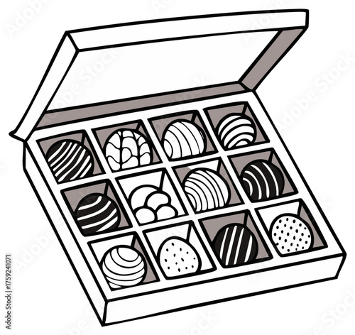 Open box of assorted chocolates with decorative swirls and dots displayed in individual compartments