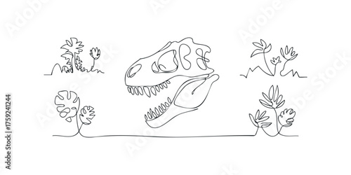 Dinosaur skull and prehistoric plants line art