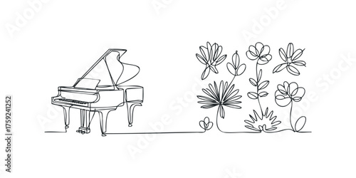 Continuous Line Drawing of Grand Piano and Botanical Elements
