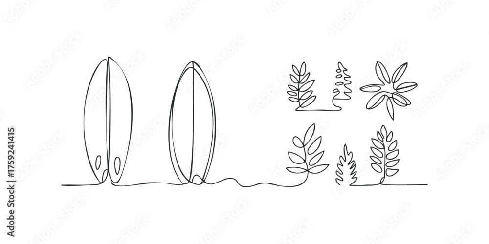 Naklejka premium Line Art Two Surfboards and Leafy Branches