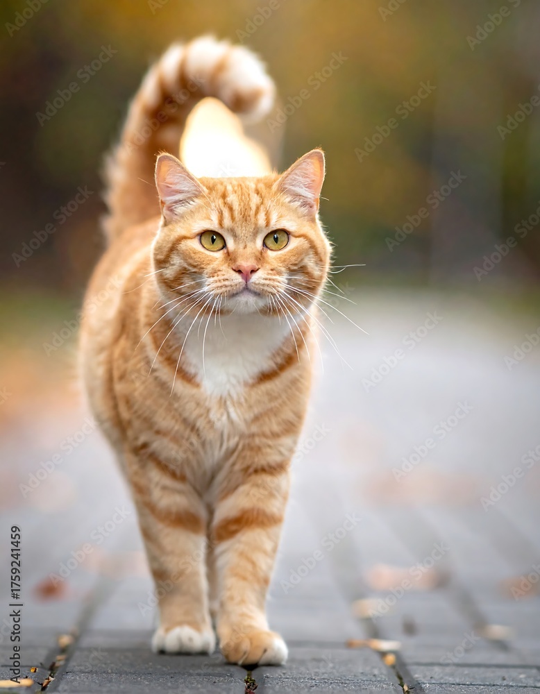 Naklejka premium Orange tabby cat strolls confidently along a paved path, looking ahead