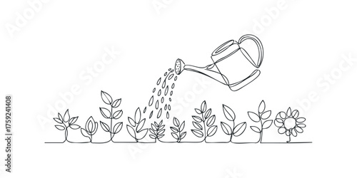 Plant growth watering continuous line drawing