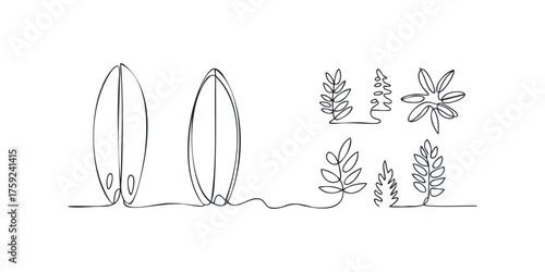 Line Art Two Surfboards and Leafy Branches