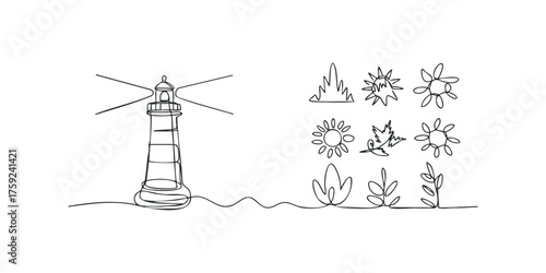Continuous line drawing of a lighthouse with abstract natural elements