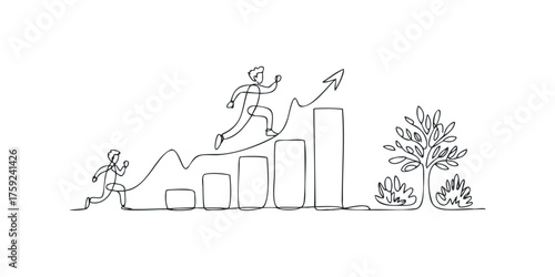 Man running up increasing bar graph with growth arrow and plant