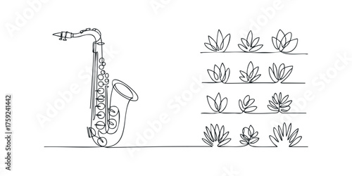 Continuous line drawing of a saxophone and stylized plants