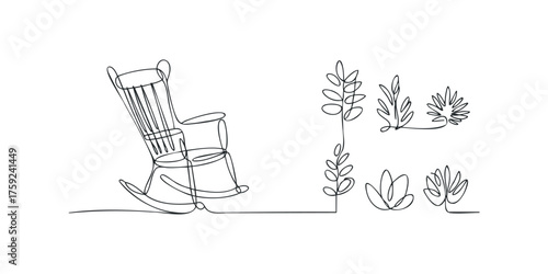 Single line drawing of rocking chair and plants