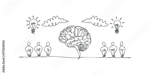 Brainstorming session with abstract figures and lightbulb ideas