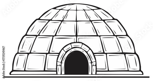 Stylized Igloo Snow Dwelling Illustration with Arch Entrance in Black and White