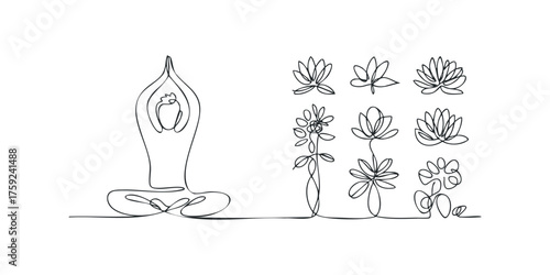 Continuous line drawing of meditating figure and lotus flowers