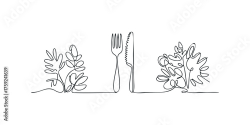 Minimalist continuous line drawing of fork and knife with leafy plant sprigs