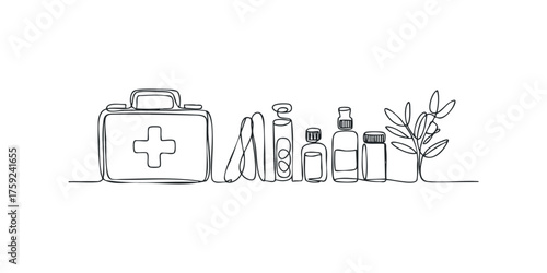 Minimalist Medical Kit and Pharmaceuticals Line Art