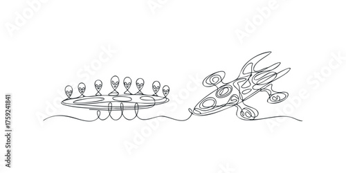 Alien spaceship and crew in continuous line style