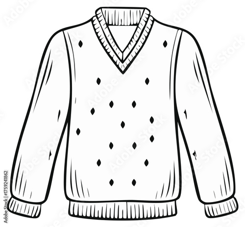 V-neck Sweater with Diamond Patterns Outline Drawing