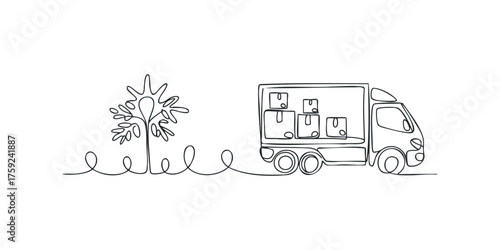 Minimalist line drawing of a delivery truck and tree