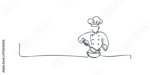 Line Drawing of Chef Preparing Food in Bowl