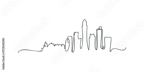Continuous line drawing of a city skyline