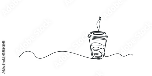 Single line drawing of a steaming coffee cup