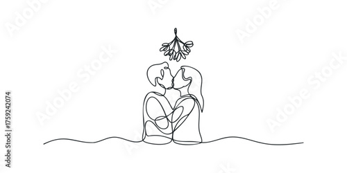 Couple kissing under mistletoe minimalist line art