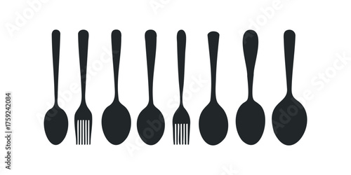 Collection of black spoon and fork silhouettes isolated on white background