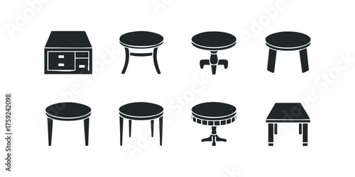 Collection of furniture silhouettes including stools and side table