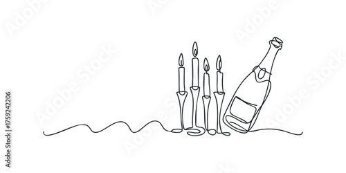 Continuous line drawing of champagne bottle and candles
