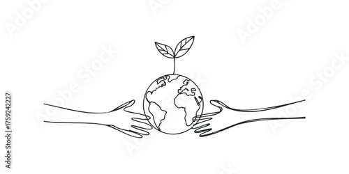 Hands cradling planet earth with growing plant sprout