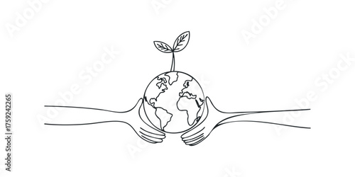 Hands holding globe with seedling growing from top